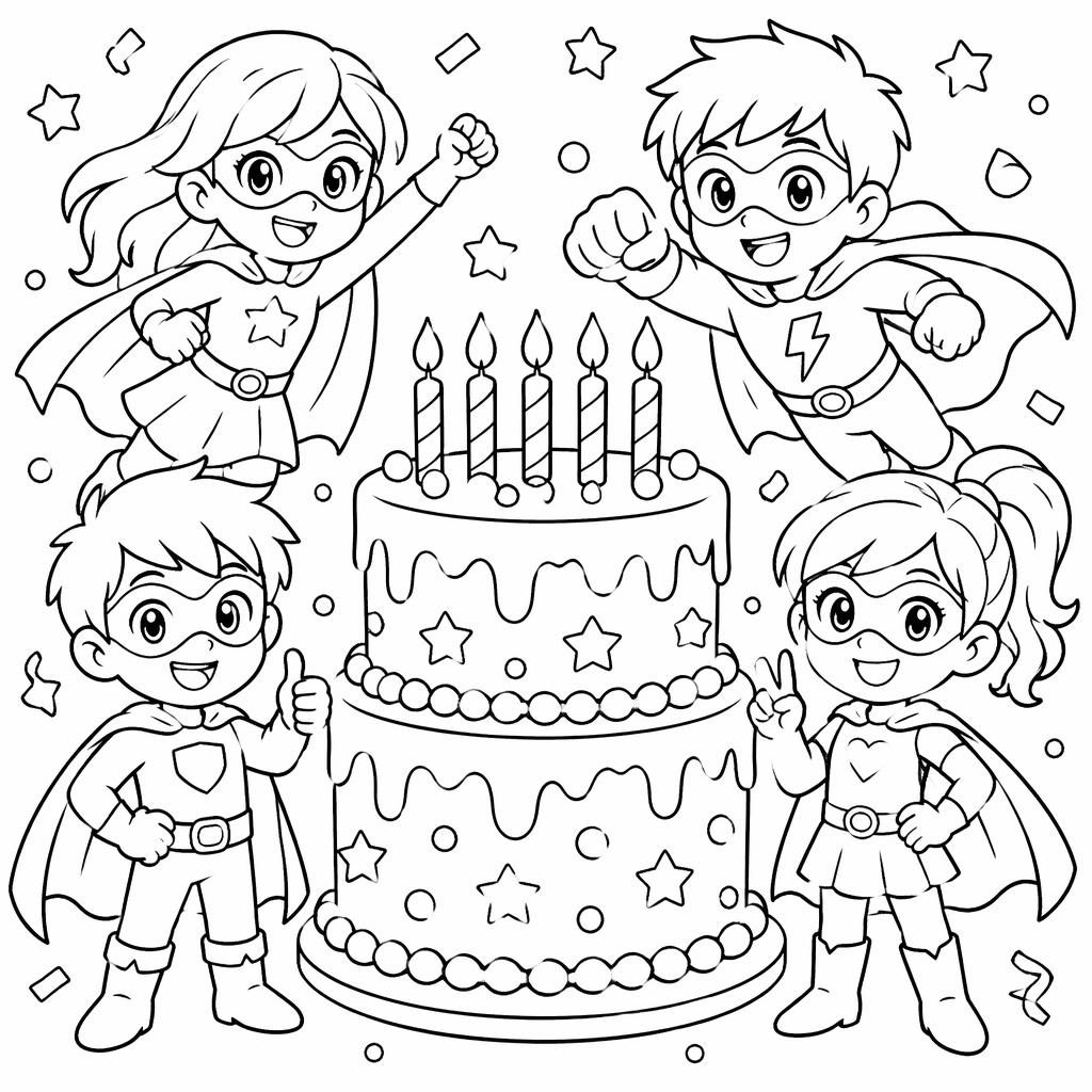 Schwarz-weiße Ausmalseite mit Superhelden-Kindern im Manga-Stil und Geburtstagstorte als klare Line-Art.