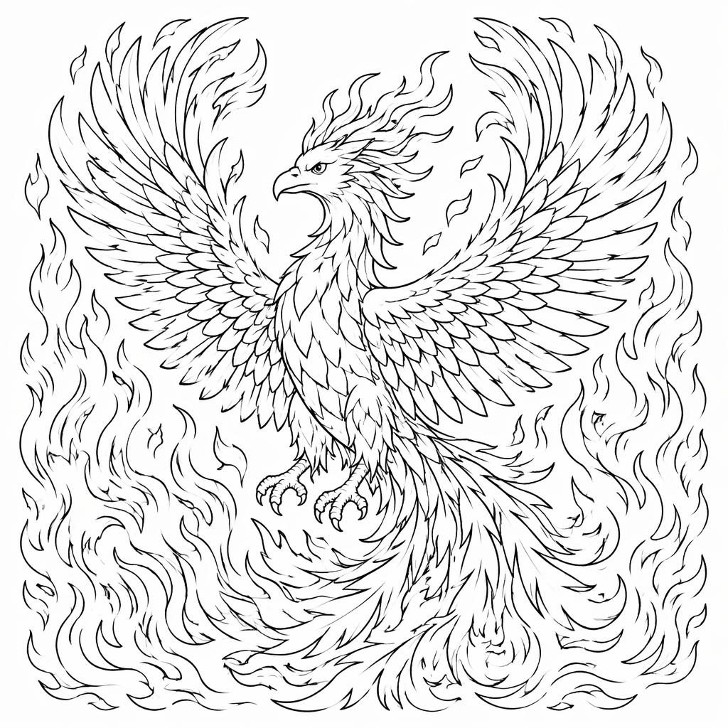 Ilustración para colorear en blanco y negro de un fénix con llamas, estilo realista y líneas limpias.