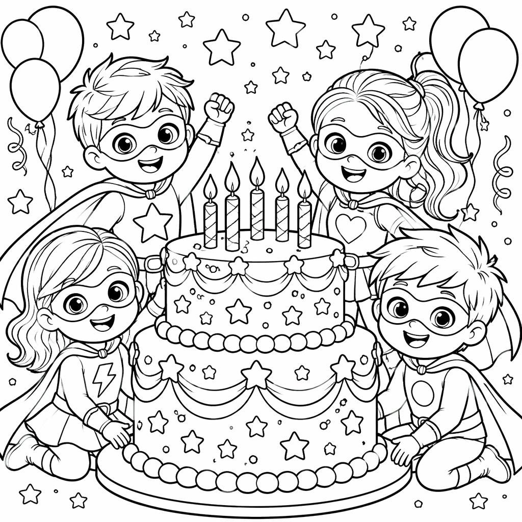 Schwarz-weiße Ausmalseite mit Superhelden-Kindern und detaillierter Geburtstagstorte als saubere Line-Art