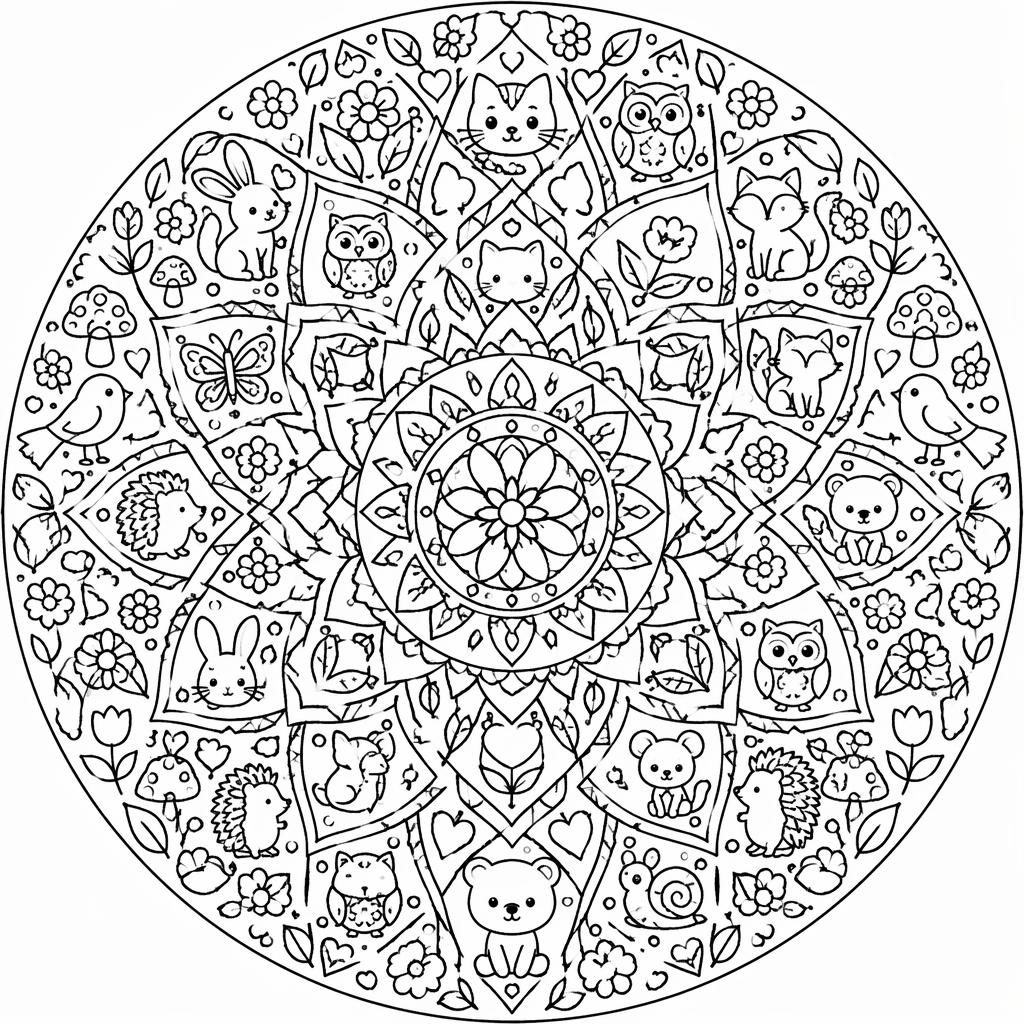 Schwarz-weiße Ausmalseite mit geometrischem Mandala, vielen Details und klaren Konturen auf weißem Hintergrund.