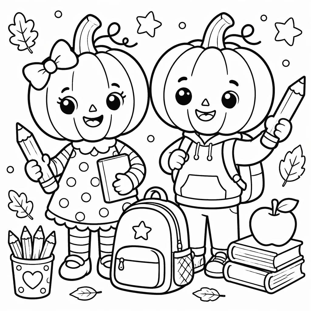 Illustration noir et blanc à colorier d’une citrouille Halloween pour enfants, style doodle simple aux gros contours.