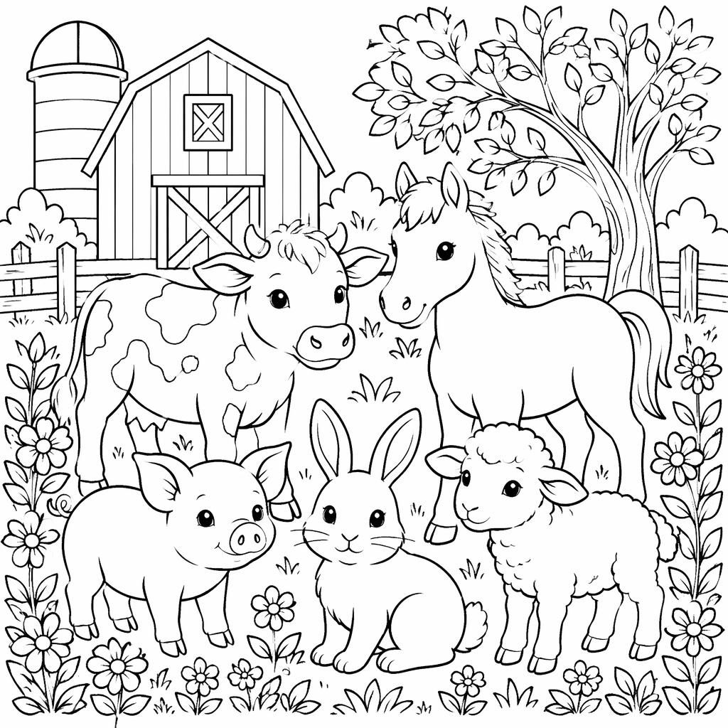 Ilustración para colorear en blanco y negro con conejo y animales de granja, estilo botánico, líneas limpias.