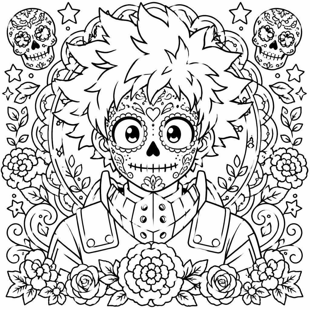 Illustration noir et blanc d’un crâne sucre Día de los Muertos, style manga détaillé, contours nets à imprimer.