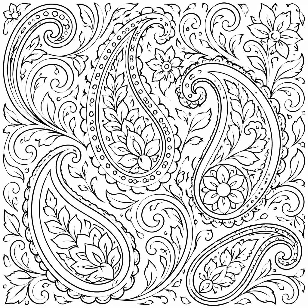 Schwarz-weiße Ausmalvorlage mit filigranen Paisley-Mustern im Art-Nouveau-Linienstil für Kinder ab 11 Jahren.