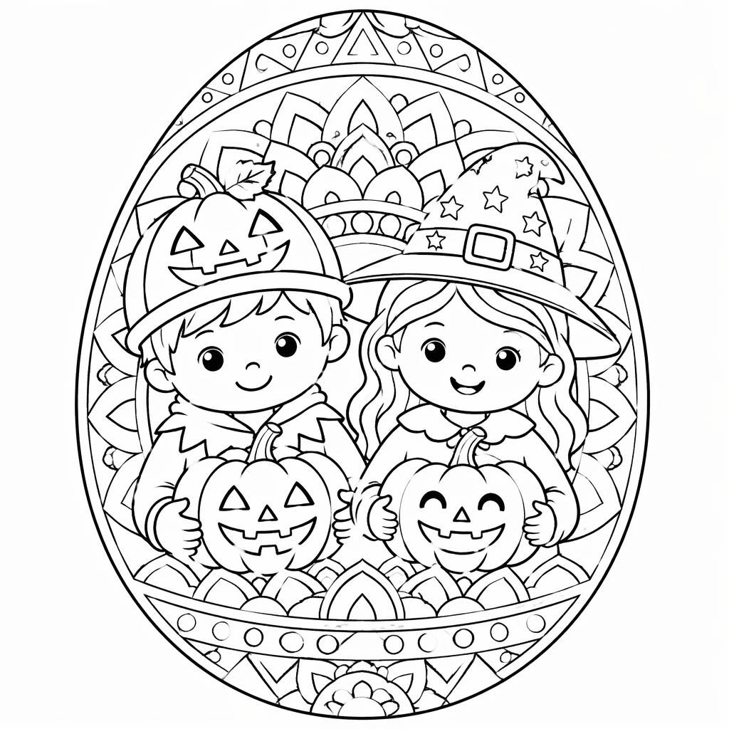 Schwarz-weiße Ausmalbild-Illustration mit kindlichem Halloween-Kürbis im einfachen Mandala-Stil.