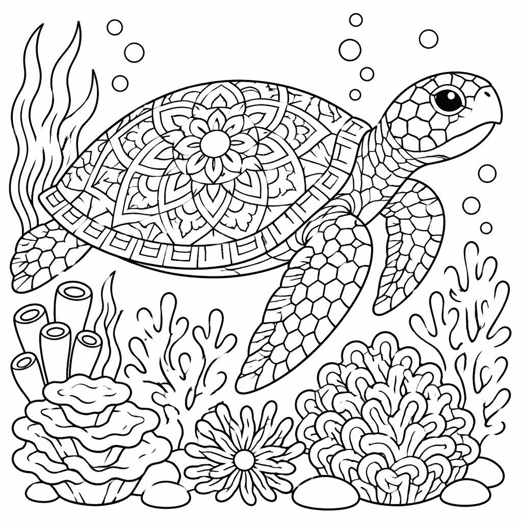 Illustration noir et blanc d’une tortue marine adulte dans un récif, style mandala simple, contours épais à colorier.