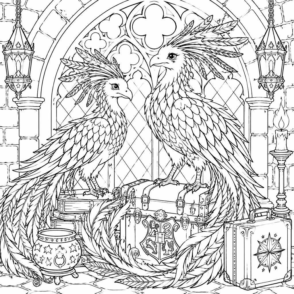 Black-and-white coloring page of detailed birds of paradise in manga-inspired line art with intricate printable outlines.