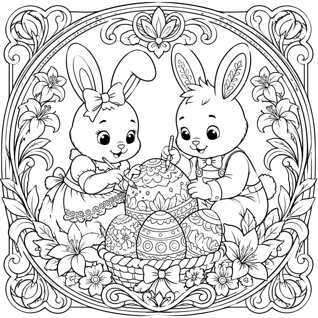 Black-and-white coloring page with bunny kids and decorated Easter eggs in intricate art nouveau line art.