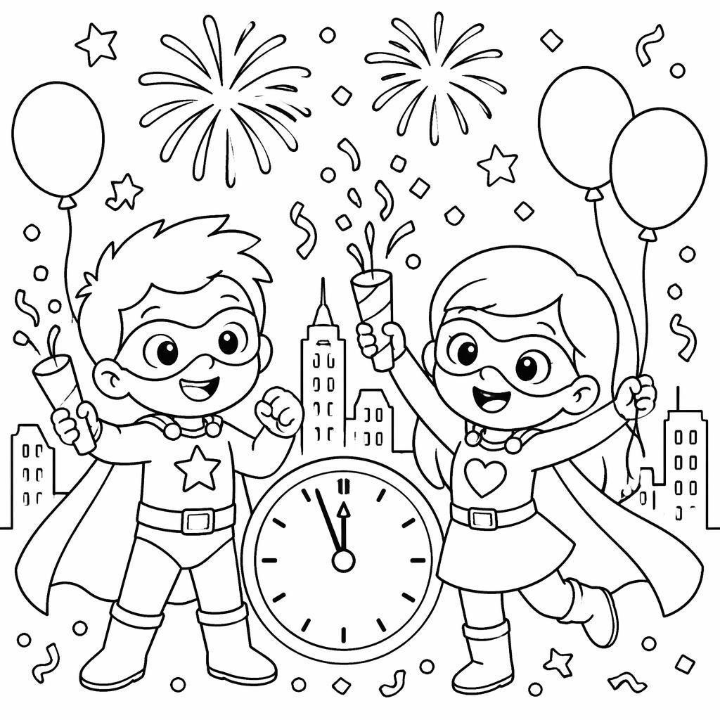 Ilustración en blanco y negro de niños superhéroes estilo caricatura, con contornos simples y detalles botánicos.