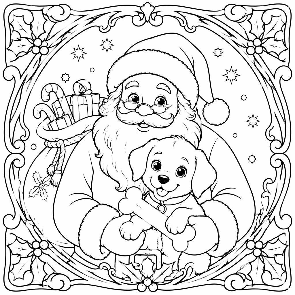 Schwarz-weiße Ausmalseite mit süßem Hund, Knochen und dekorativen Jugendstil-Linien auf weißem Hintergrund.