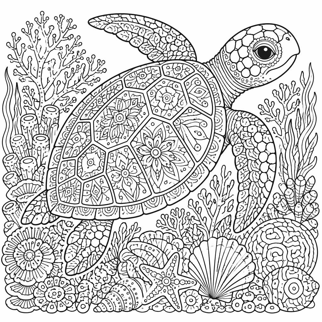 Schwarz-weiße Ausmalbild-Illustration einer Meeresschildkröte im Riff mit filigranen Mandala-Mustern.