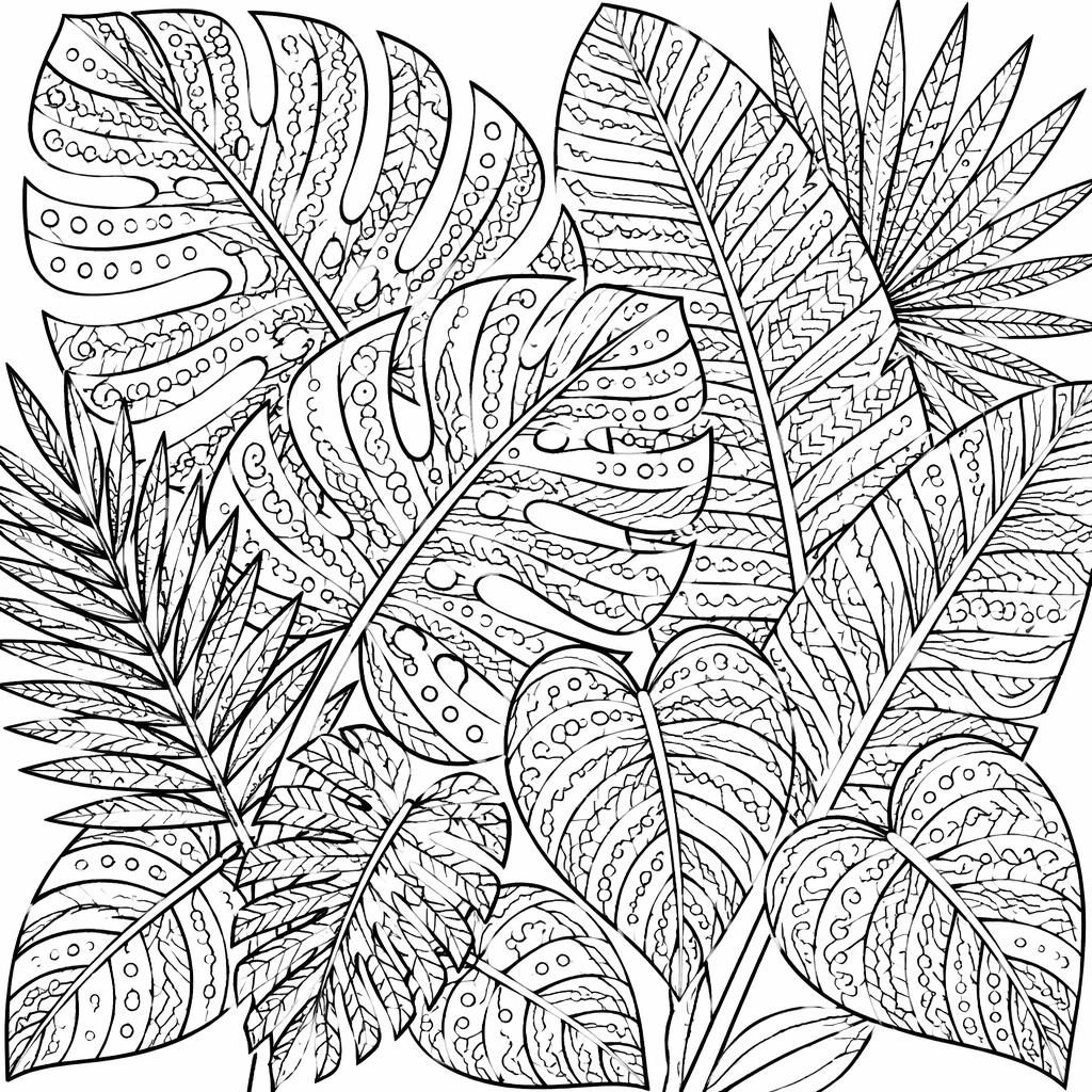 Illustration noir et blanc de feuilles tropicales en zentangle, contours fins, motifs détaillés, fond blanc.