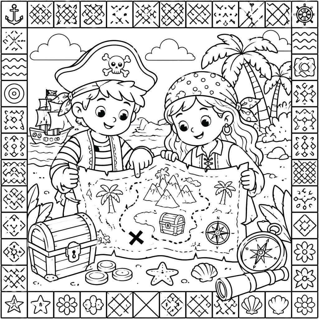 Ilustración para colorear en blanco y negro de niños piratas con mapa del tesoro, estilo doodle y líneas limpias