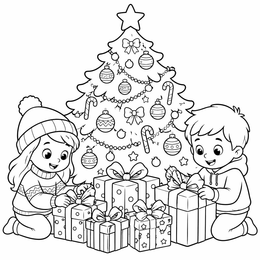 Illustration à colorier en noir et blanc d’un sapin de Noël avec cadeaux et enfants, style cartoon mignon.