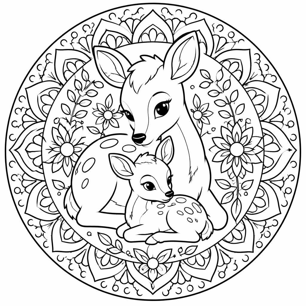 Ilustración para colorear en blanco y negro con mamás animales y sus crías, líneas gruesas y detalles tipo mandala.