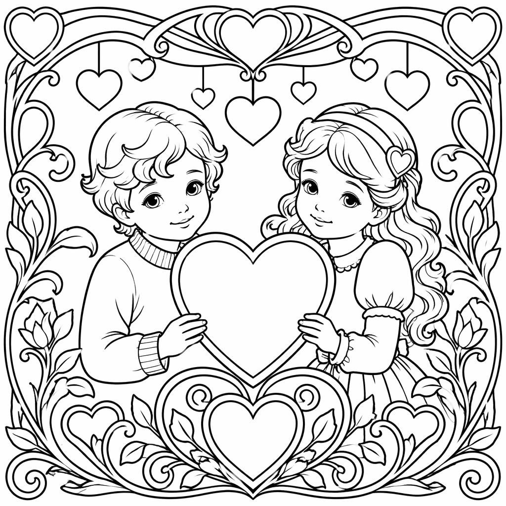 Schwarz-weißes Ausmalbild mit mehreren Valentinsherzen für Kinder im detailreichen Jugendstil als Line-Art