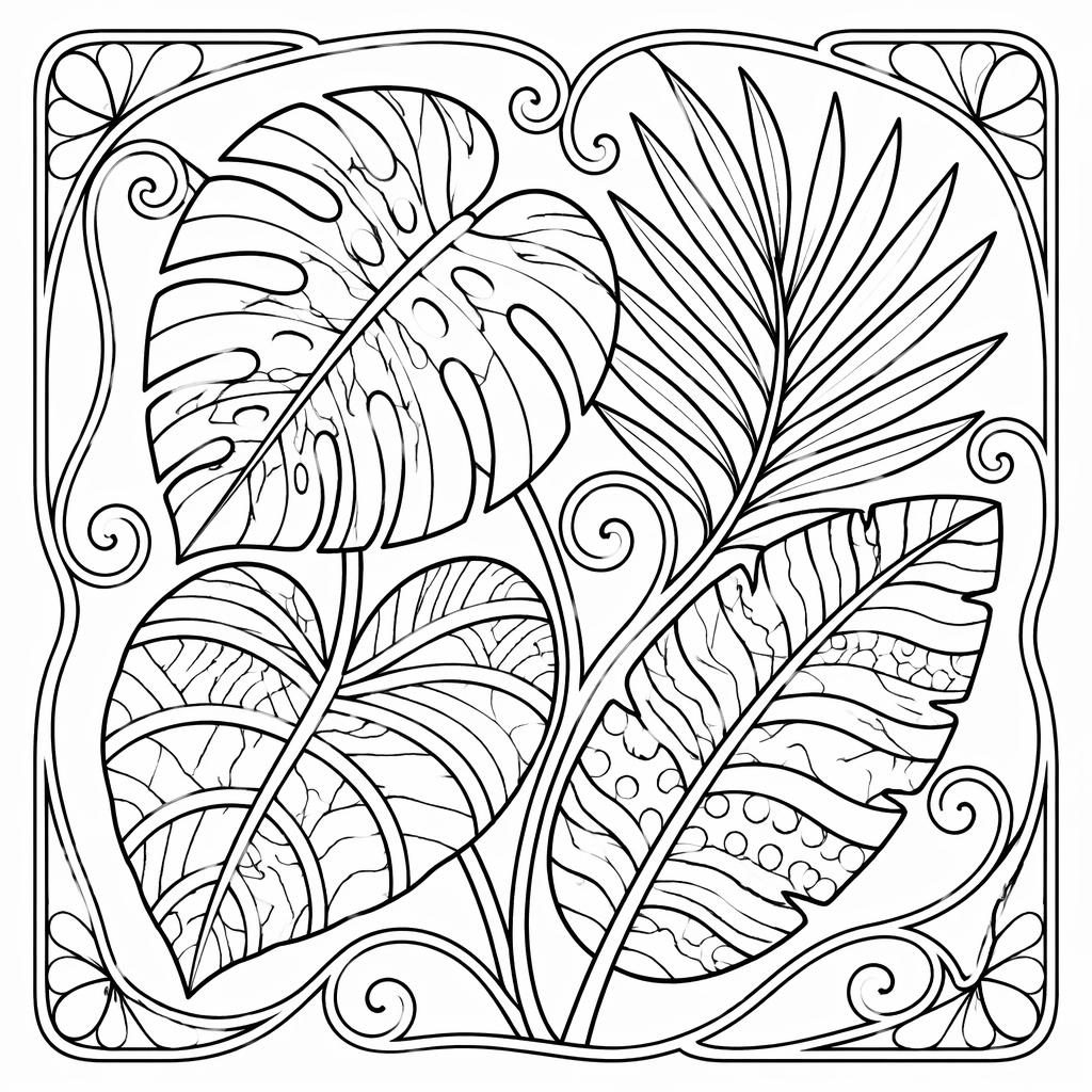 Ilustración en blanco y negro de hojas tropicales estilo zentangle, con contornos simples y formas cerradas para colorear.