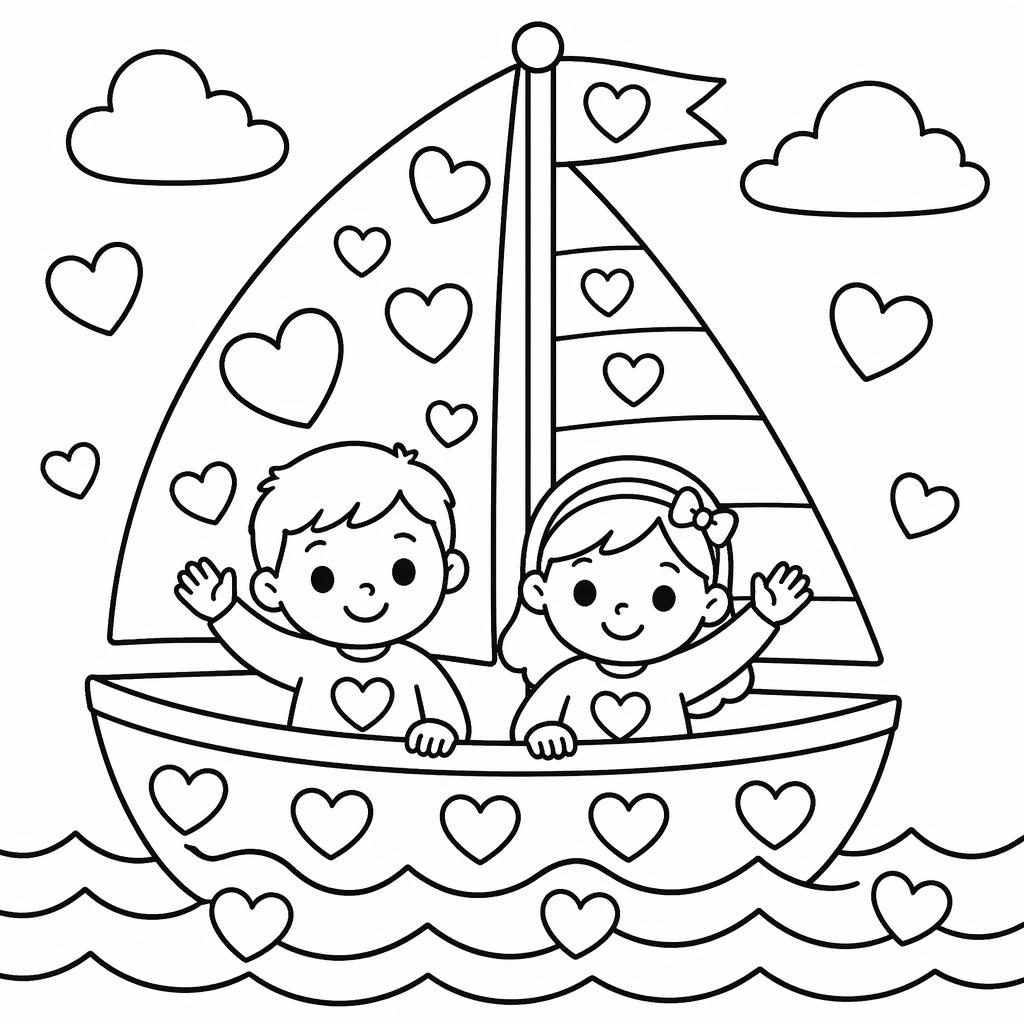 Schwarz-weiße Ausmalbild-Illustration mit einfachen Herzen für Kinder im Doodle-Stil, klare Konturen auf weißem Hintergrund.