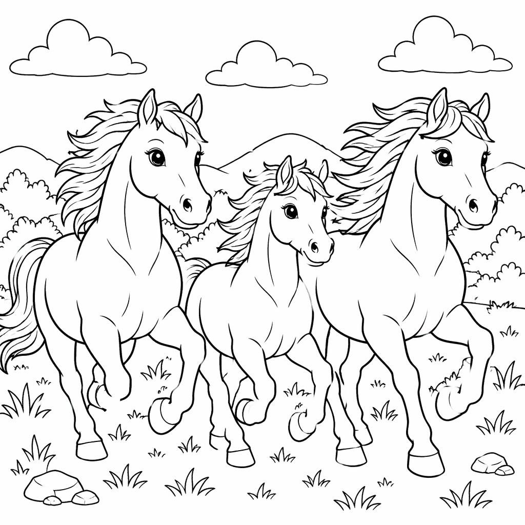 Ilustración en blanco y negro de caballos corriendo con contornos simples, estilo manga infantil, lista para colorear.
