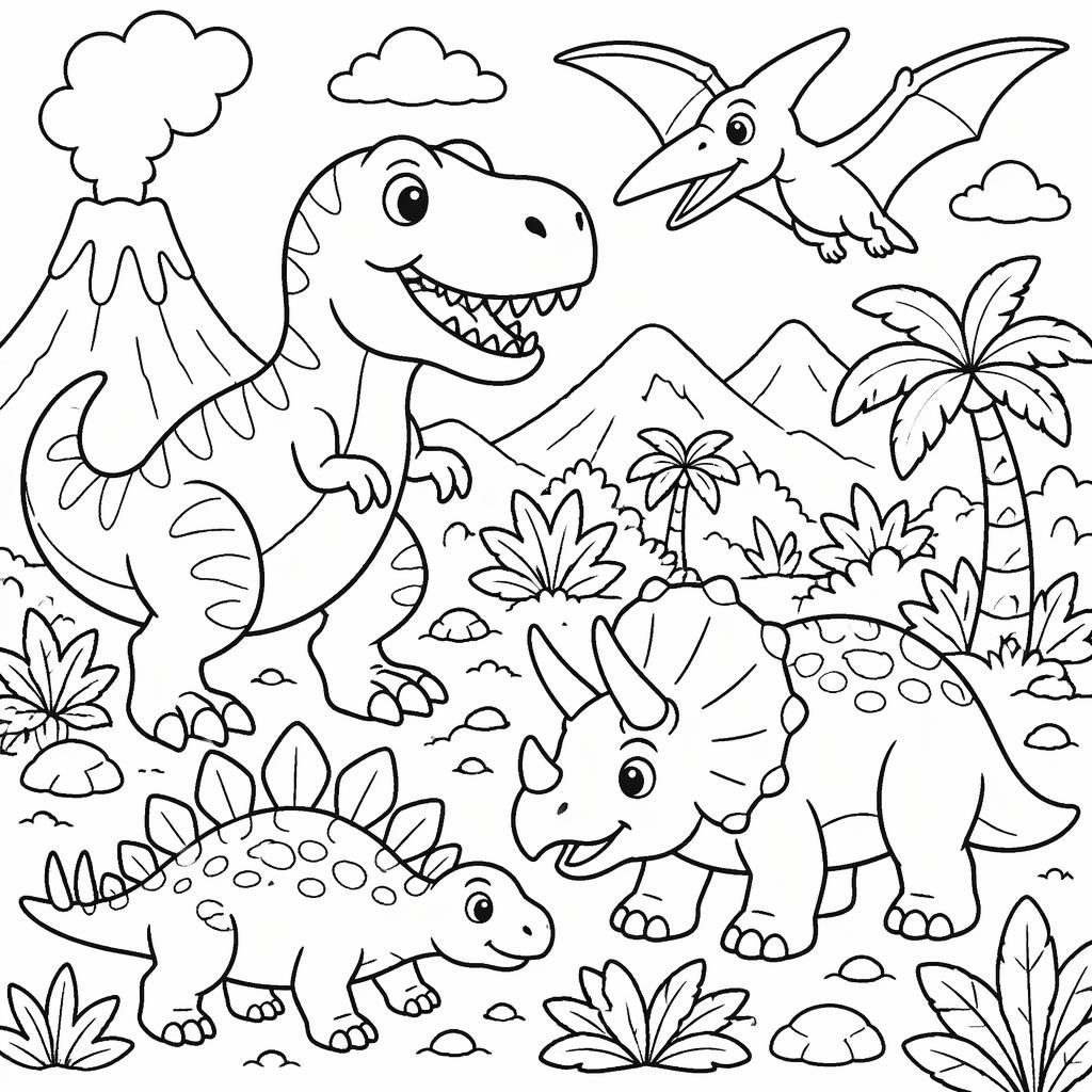 Schwarz-weiße Ausmalbild-Illustration mit kindlichen Dinosaurier-Szenen, Pflanzen und dicken Konturen auf weißem Hintergrund.