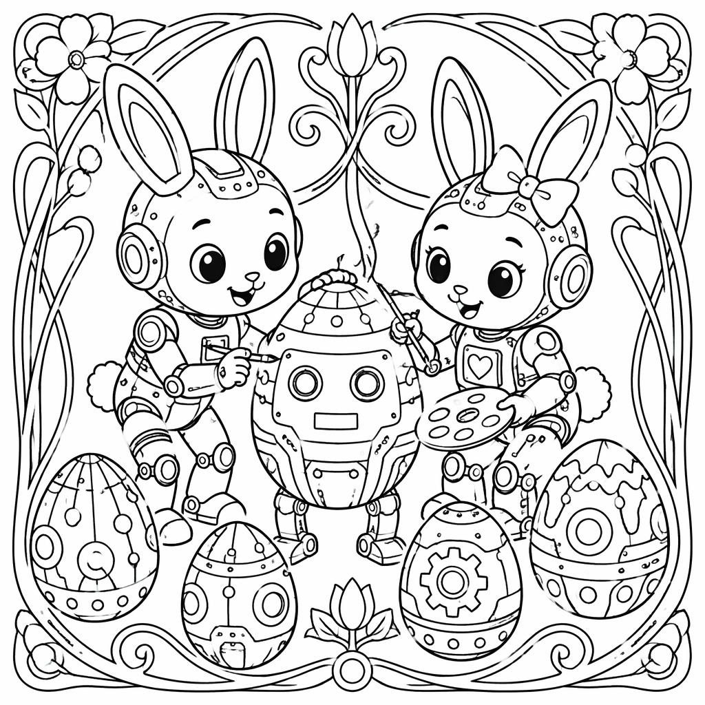 Black-and-white line art of bunny kids with decorated Easter eggs in an intricate Art Nouveau coloring page style.