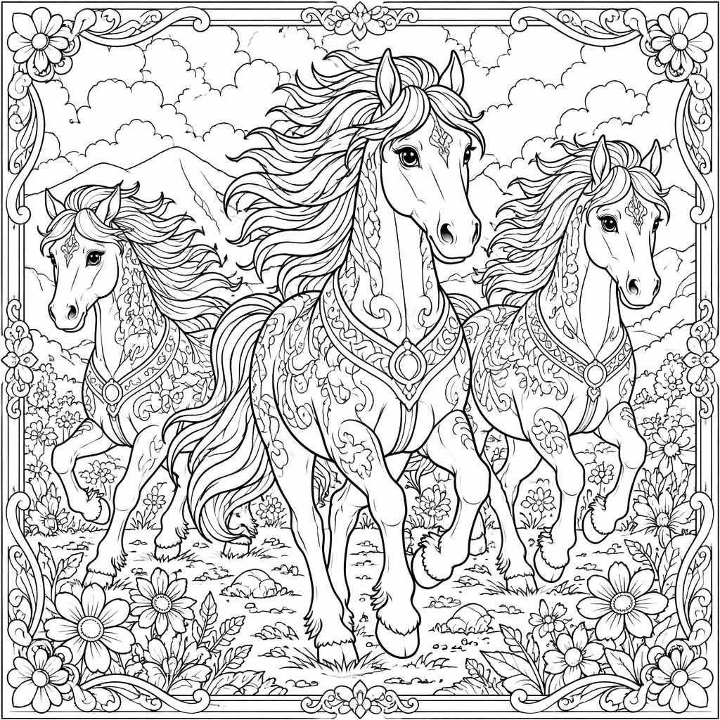 Illustration en noir et blanc de chevaux courant, style manga détaillé, contours nets, fond blanc, page à colorier