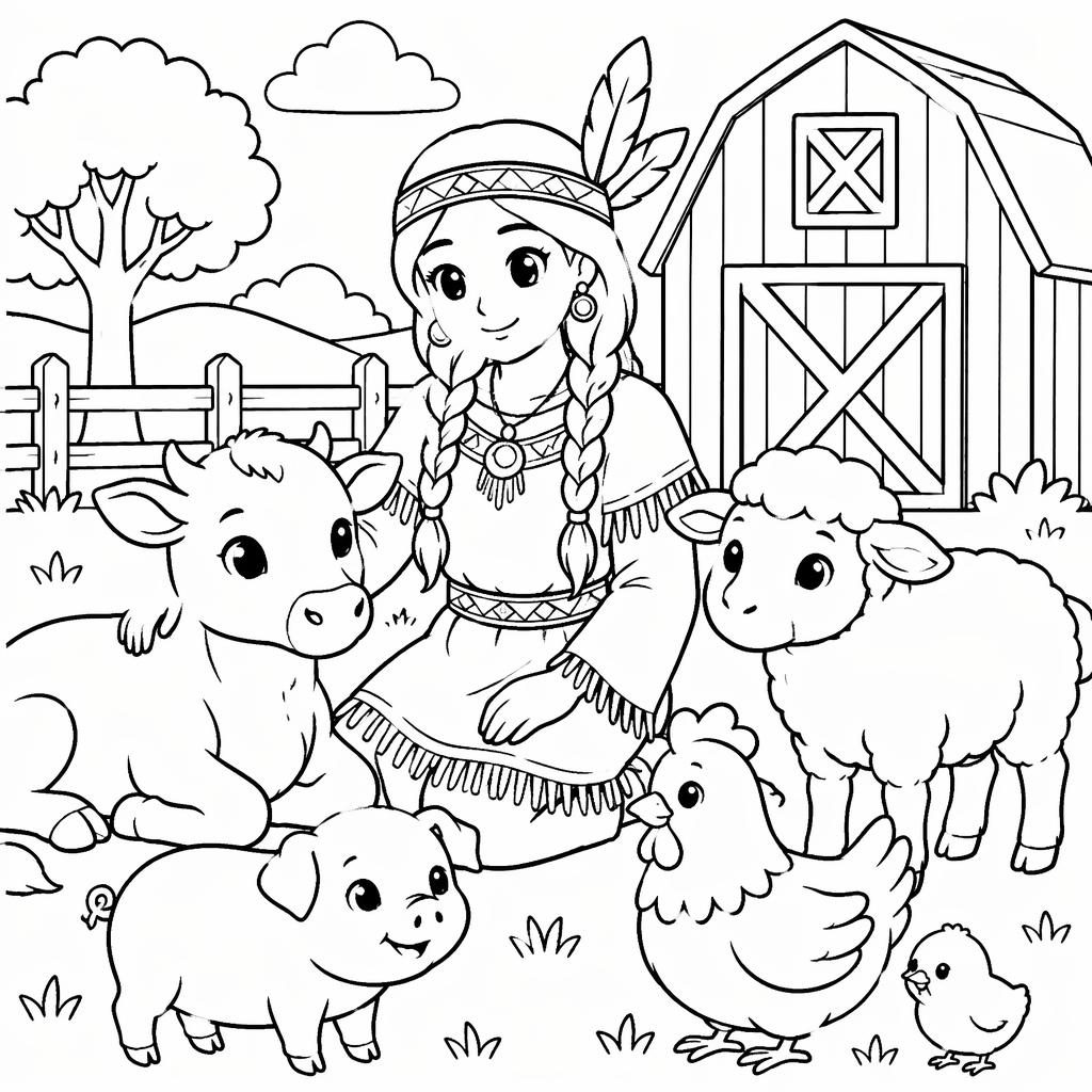 Black-and-white coloring page with simple farm animals in a kid-friendly scene, drawn in clean manga-inspired outlines.