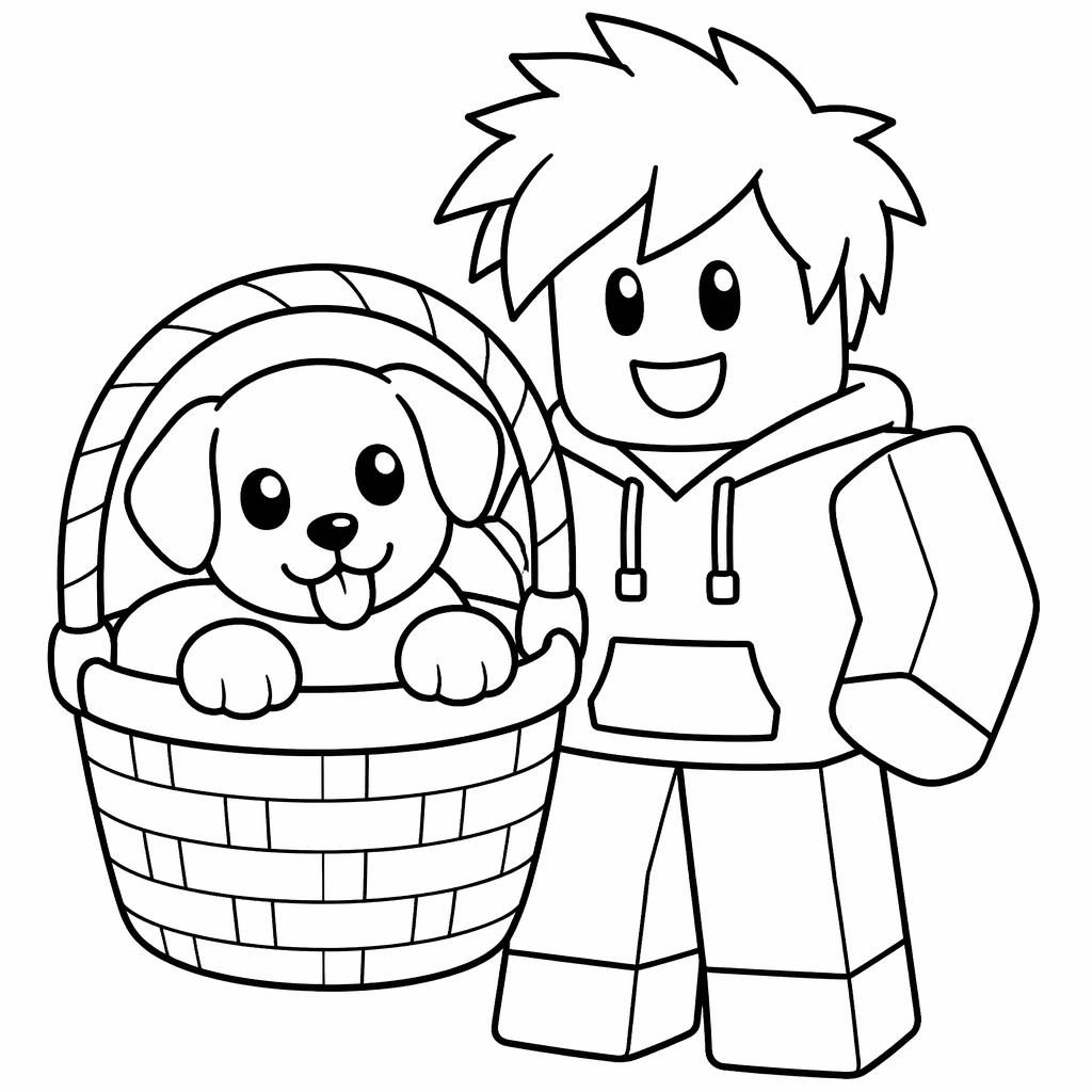 Black-and-white coloring page of a cute puppy sitting in a basket with kids, drawn in simple chunky manga-style lines.