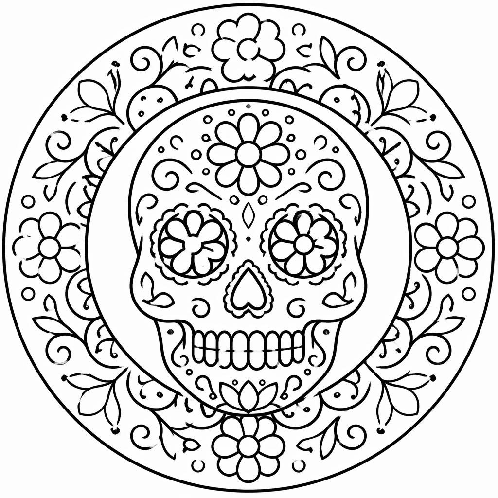 Ilustración para colorear en blanco y negro de una calavera de azúcar infantil con líneas gruesas y detalles tipo zentangle.