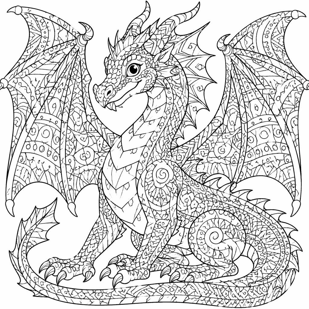 Schwarz-weiße Ausmalseite mit erwachsenem Fantasie-Drachen im Zentangle-Stil, detailreich und kinderfreundlich.