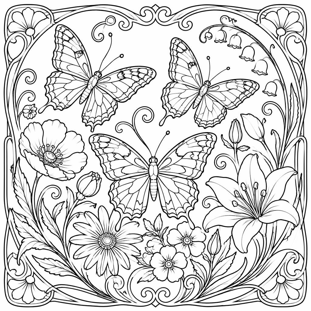 Black-and-white coloring page illustration of: butterflies and flowers detailed. Audience: therapy / mindfulness, simple