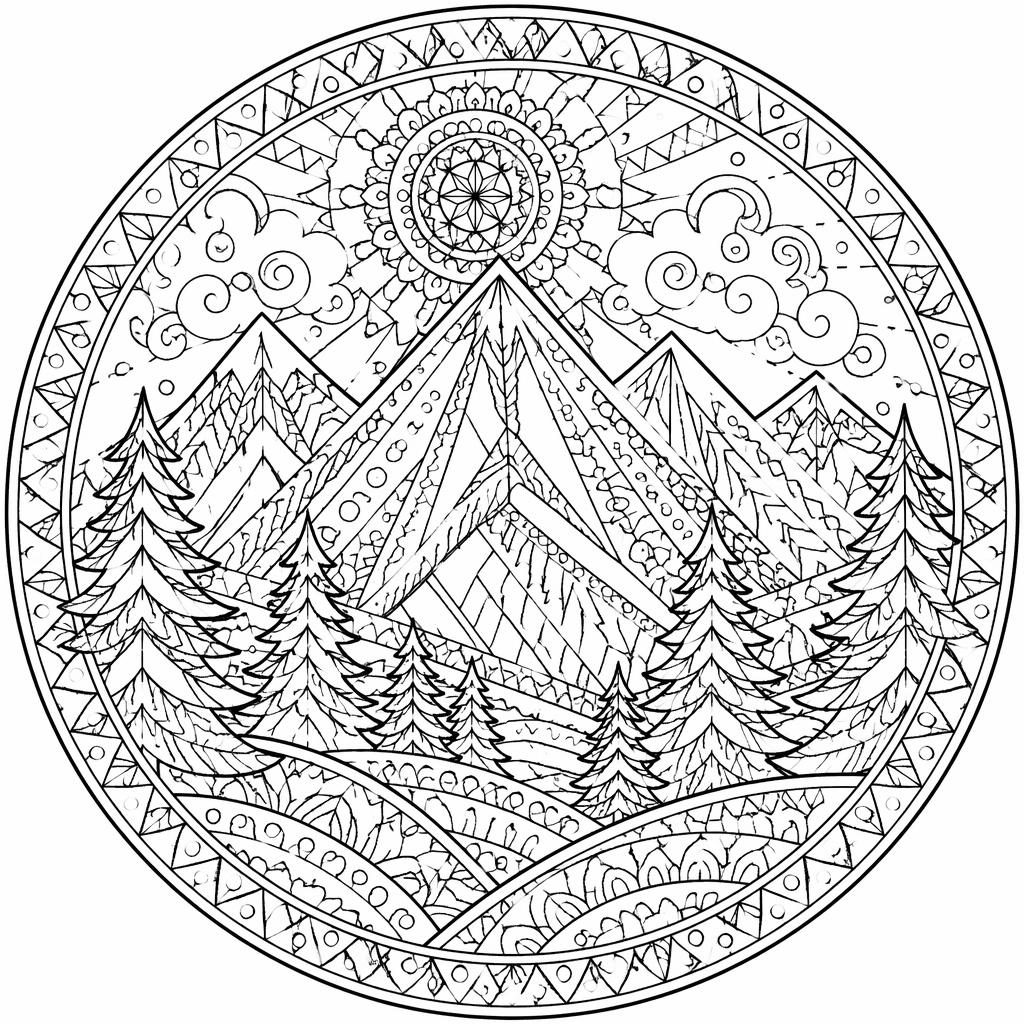 Black-and-white coloring page with mountains, pine trees, and intricate mandala-style details in clean line art.