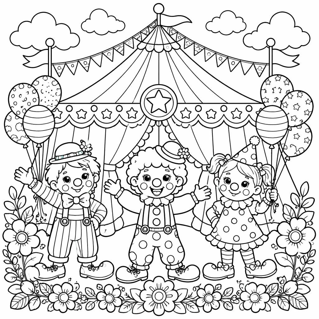 Illustration noir et blanc à colorier avec chapiteau de cirque, clowns enfants et motifs détaillés.