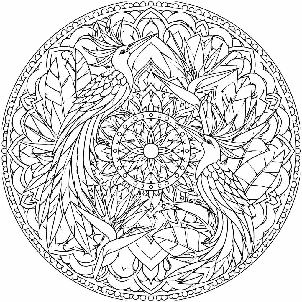 Ilustración para colorear en blanco y negro de aves del paraíso con detalles geométricos tipo mandala.