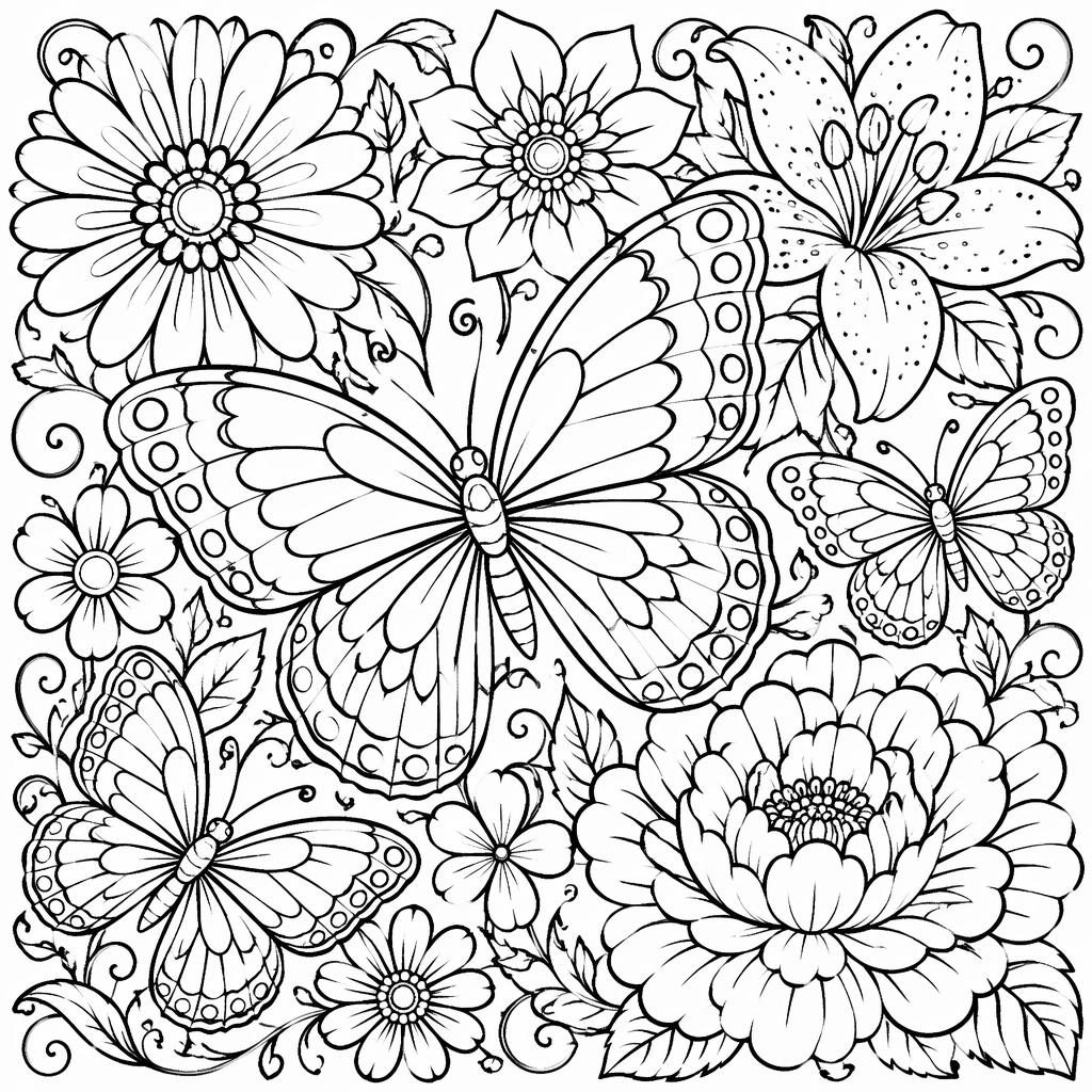 Illustration noir et blanc à colorier avec papillons détaillés et fleurs en gros contours sur fond blanc.
