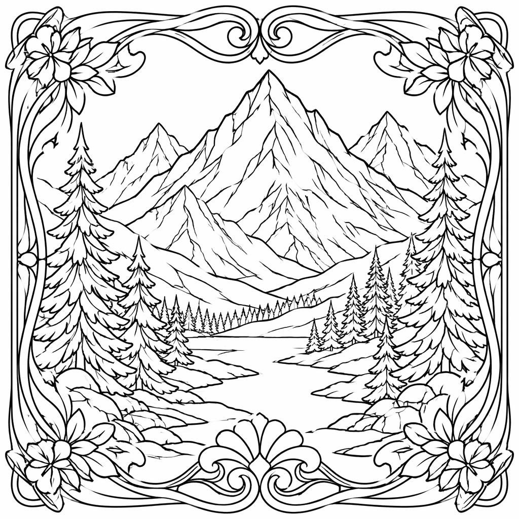 Schwarz-weiße Ausmalvorlage mit Bergen und Tannen im detailreichen Art-Nouveau-Linienstil.