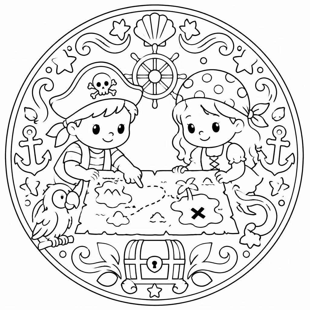 Ilustración para colorear en blanco y negro con niños piratas, mapa del tesoro y estilo caricatura tierno.