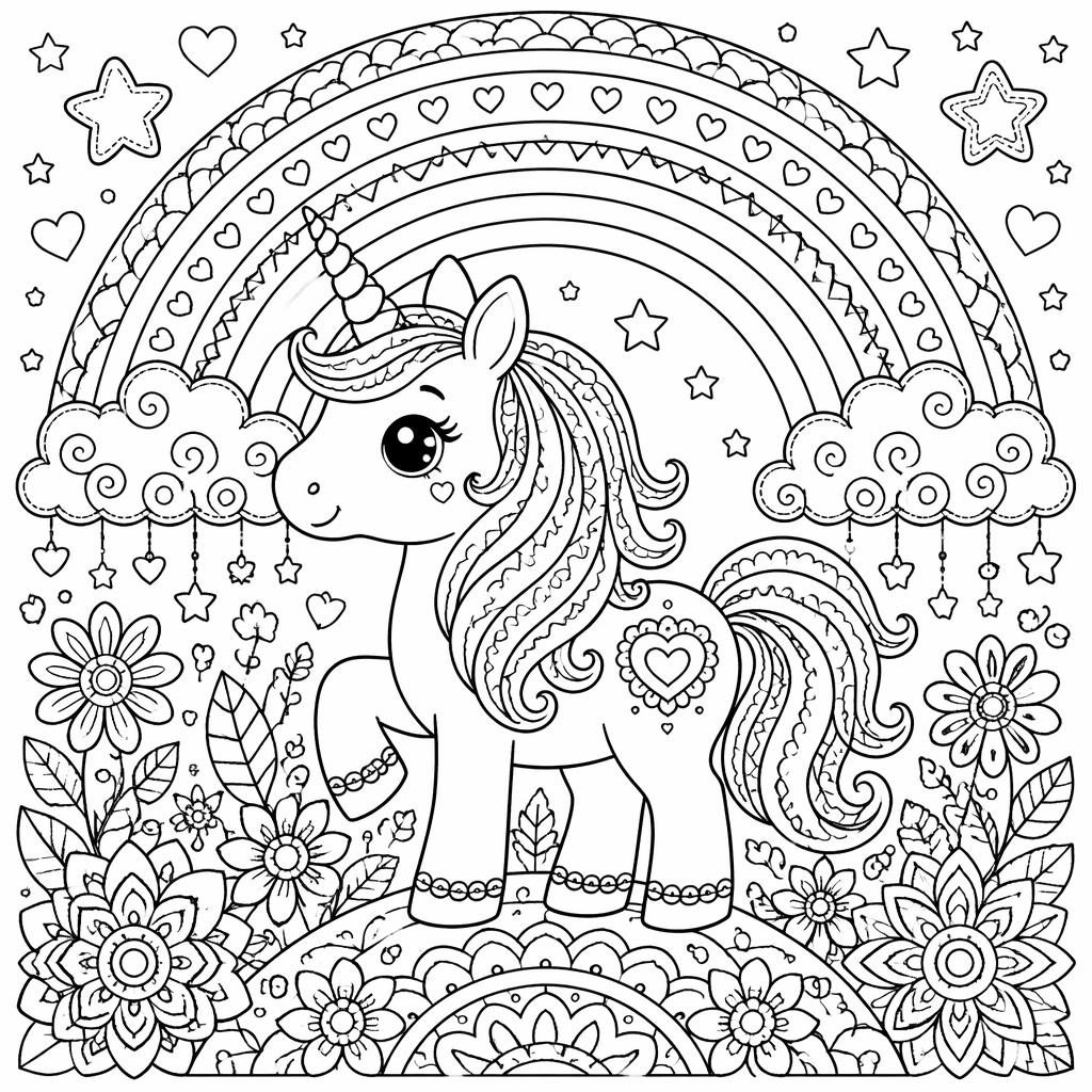 Schwarz-weißes Ausmalbild mit süßem Einhorn vor einem Regenbogen, detailreich, klare Konturen, kinderfreundlich.