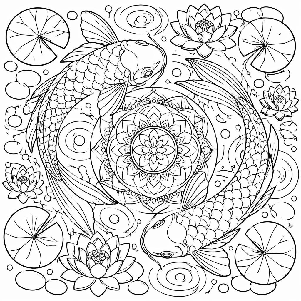 Schwarz-weiße Ausmalvorlage mit detailreichem Koi-Teich im Mandala-Stil, klare Konturen ohne Schattierung.