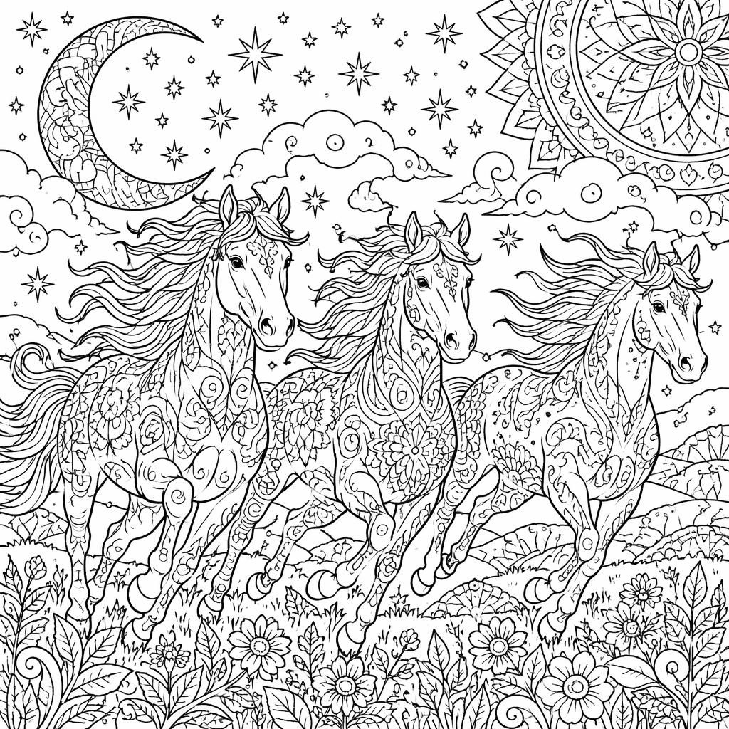Black-and-white coloring page of detailed running horses in intricate manga-inspired line art on a white background.