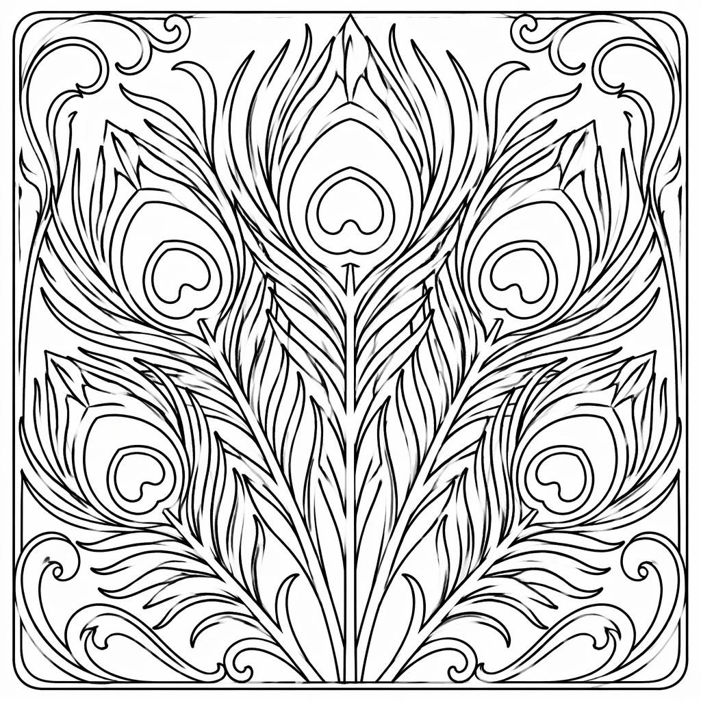 Schwarz-weiße Ausmalseite mit einfachen Pfauenfedern im Jugendstil, klare dicke Konturen, weiße Fläche.