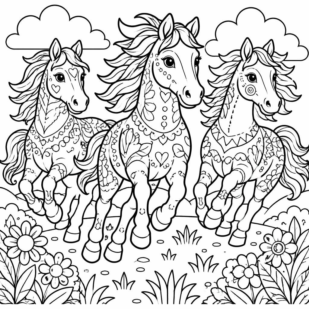 Ilustración para colorear en blanco y negro de caballos corriendo, con líneas gruesas y estilo doodle infantil.