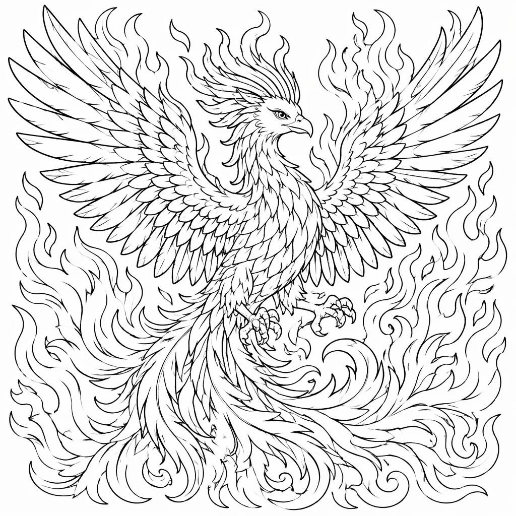 Schwarz-weiße Ausmalseite mit detailreichem Phönix in Flammen, klare Konturen auf weißem Hintergrund.