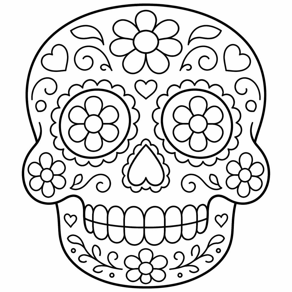 Illustration noir et blanc d’un sugar skull Dia de los Muertos, style cartoon mignon, contours simples à colorier.