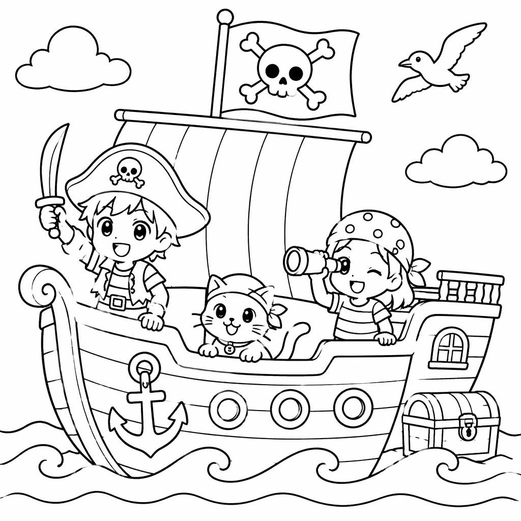Illustration à colorier en noir et blanc d’enfants joueurs avec un chat, style manga simple, contours nets.