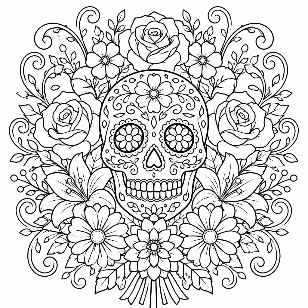 Ilustración en blanco y negro de un ramo de flores con contornos simples y estilo art nouveau para colorear.