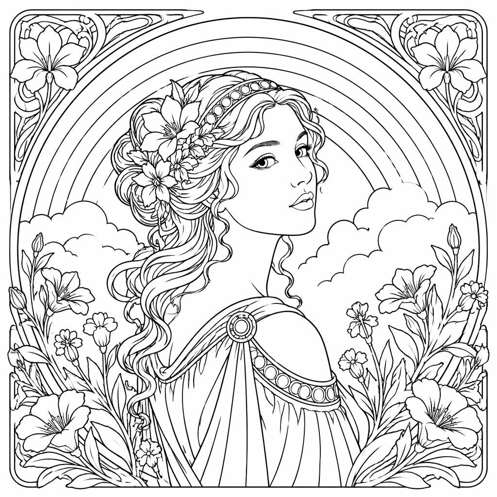 Schwarz-weiße Ausmalbild-Illustration eines Jugendstil-Frauenporträts mit floralen botanischen Linien und klaren Konturen.