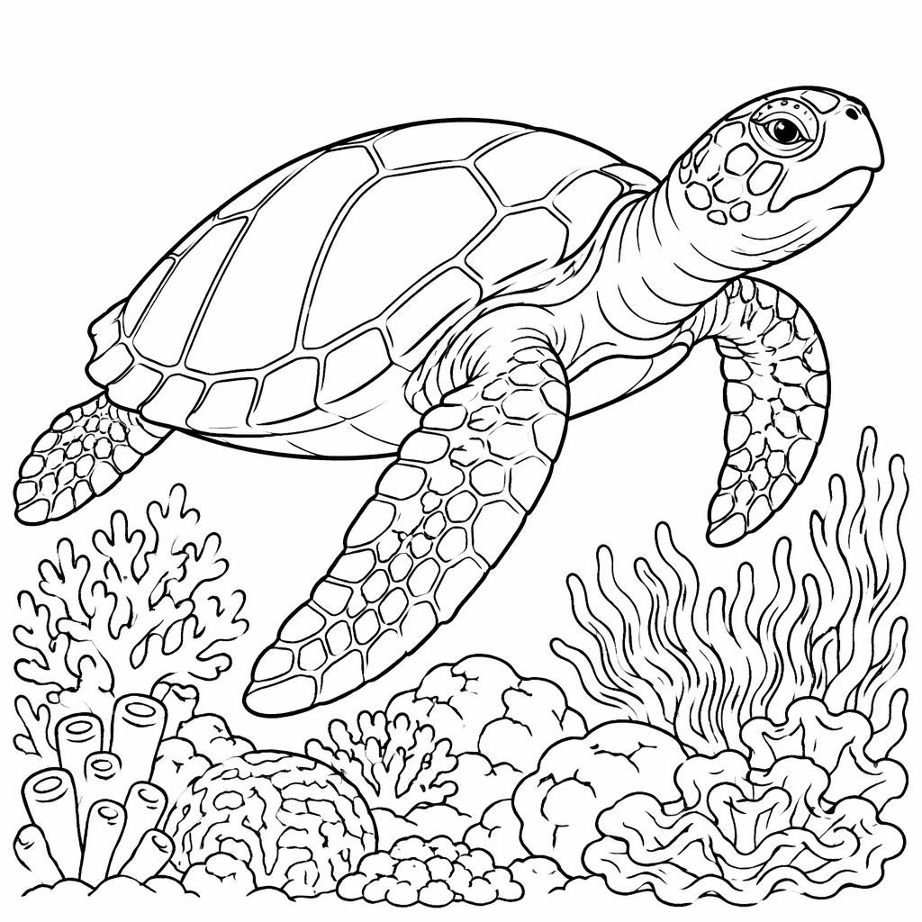 Ilustración para colorear en blanco y negro de una tortuga marina adulta nadando sobre un arrecife.