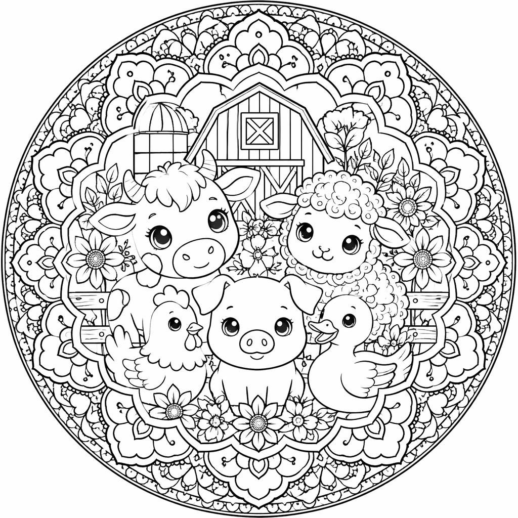Black-and-white coloring page with farm animals in a kids scene, intricate manga-inspired line art on white background.