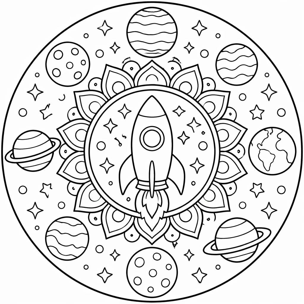 Ilustración en blanco y negro de un cohete espacial con varios planetas, contornos simples y fondo blanco.